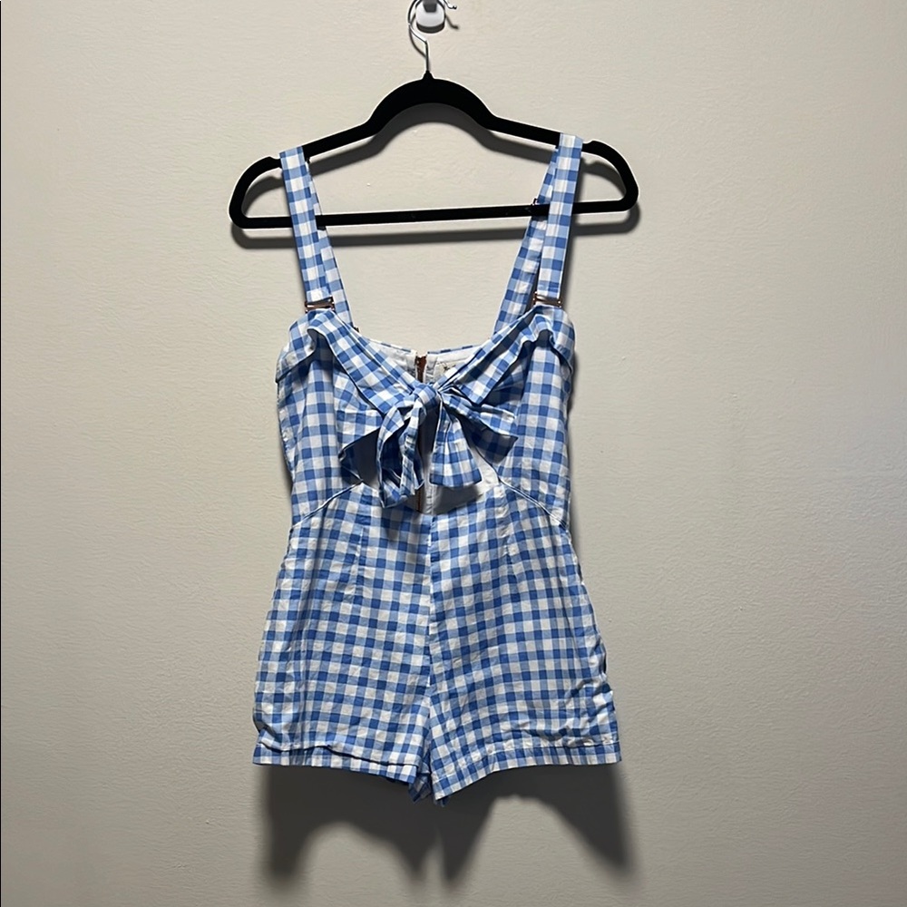 FOR LOVE AND LEMONS Gingham Blue Dixie Bow Romper, Size S - Picture 4 of 15